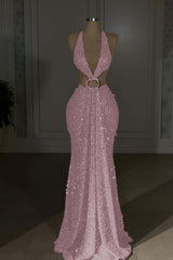 Glamorous Gold Halter Backless Sequin Evening Dress