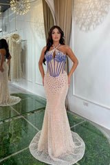 Fabulous Champagne Halter Sleeveless Mermaid Prom Gown With Beadings Sequins Crystals