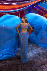 Blue Heavy Prom Dress Sequins Off-The-Shoulder Beaded V Neck