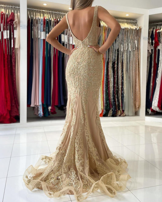 Amazing Gold Appliques Mermaid Prom Dress Long Sleeveless
