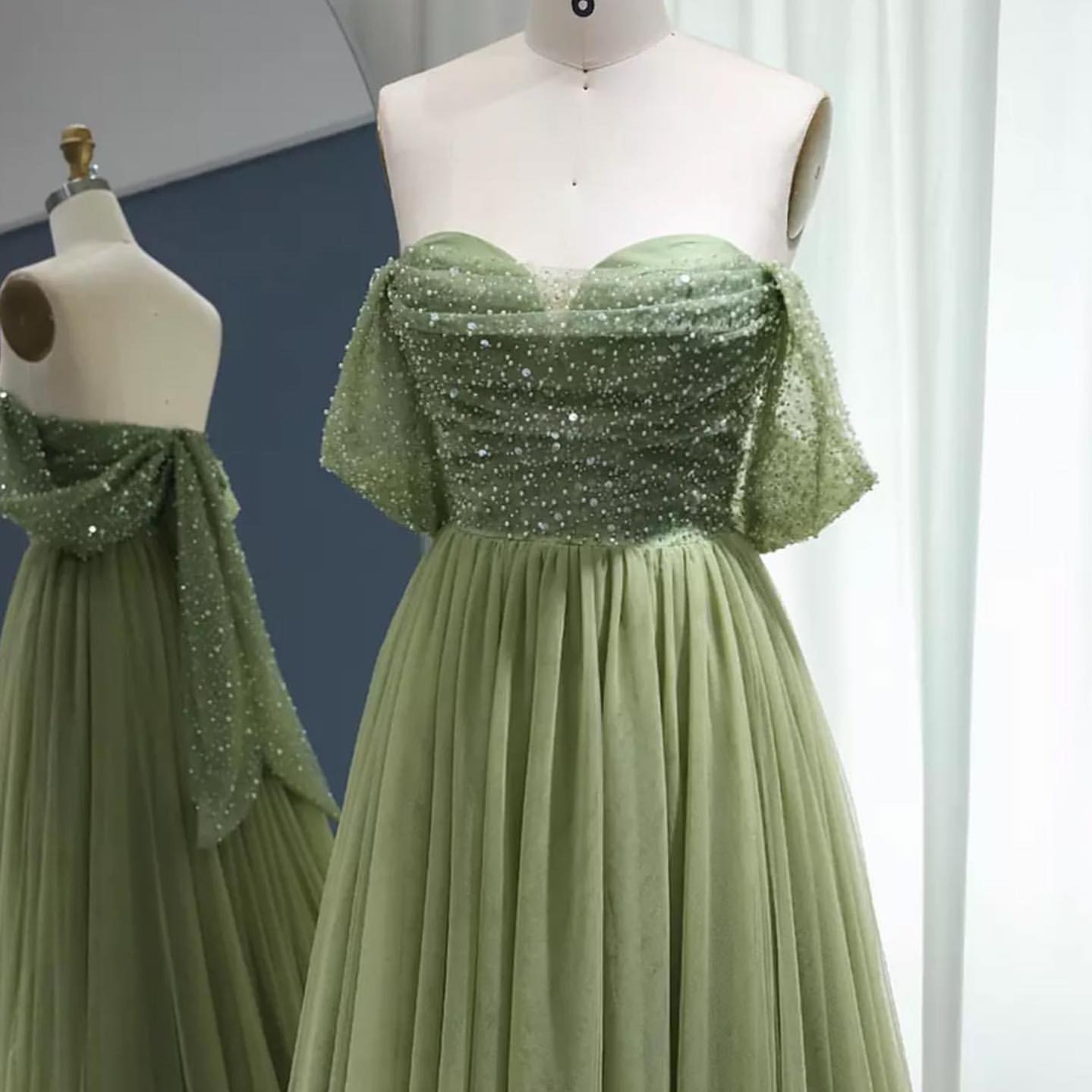 Classic Off-the-Shoulder Sage Prom Dress Sequins Long Tulle With Beads
