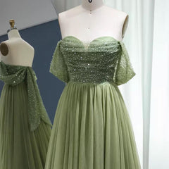 Classic Off-the-Shoulder Sage Prom Dress Sequins Long Tulle With Beads