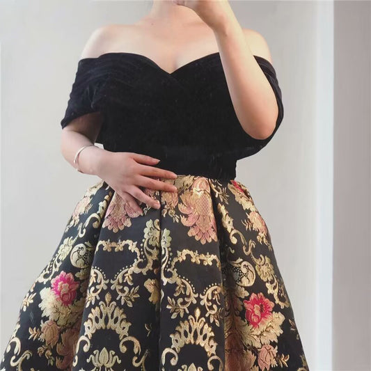 Black Off Shoulder Flowers Evening Dress Short Sleeve A line Formal Dress
