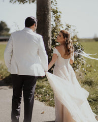 Elegant Off-The-Shoulder Boho Wedding Gown in A-line Tulle and Lace