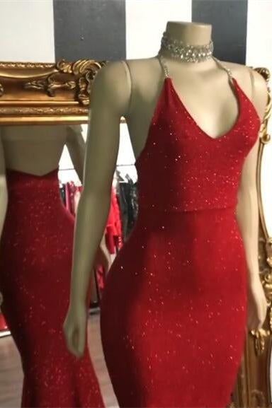 Gorgeous V-Neck Sleeveless Red Mermaid Prom Dress With Seuqins