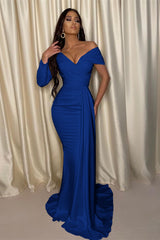 Chic White Mermaid Prom Dress Off-the-Shoulder V Neck Pleated
