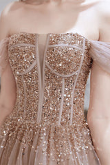 Gorgeous Off-the-Shoulder Tulle Prom Dress With Sequins Lace-Up