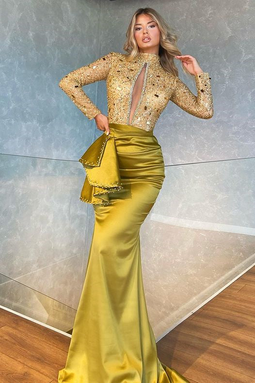 Amazing Long Sleeves High Neck Keyhole Prom Dresss Mermaid With Beads
