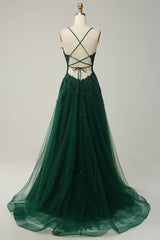 Dusty Pink Spaghetti Strap Tulle V Neck Prom Dress with Lace Appliques