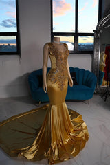 Modern Gold Scoop Sleeveless Mermaid Prom Dress With Beadings Long