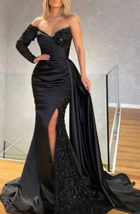Black One Shoulder Long Sleeve Split Mermaid Prom Dress with Sequins
