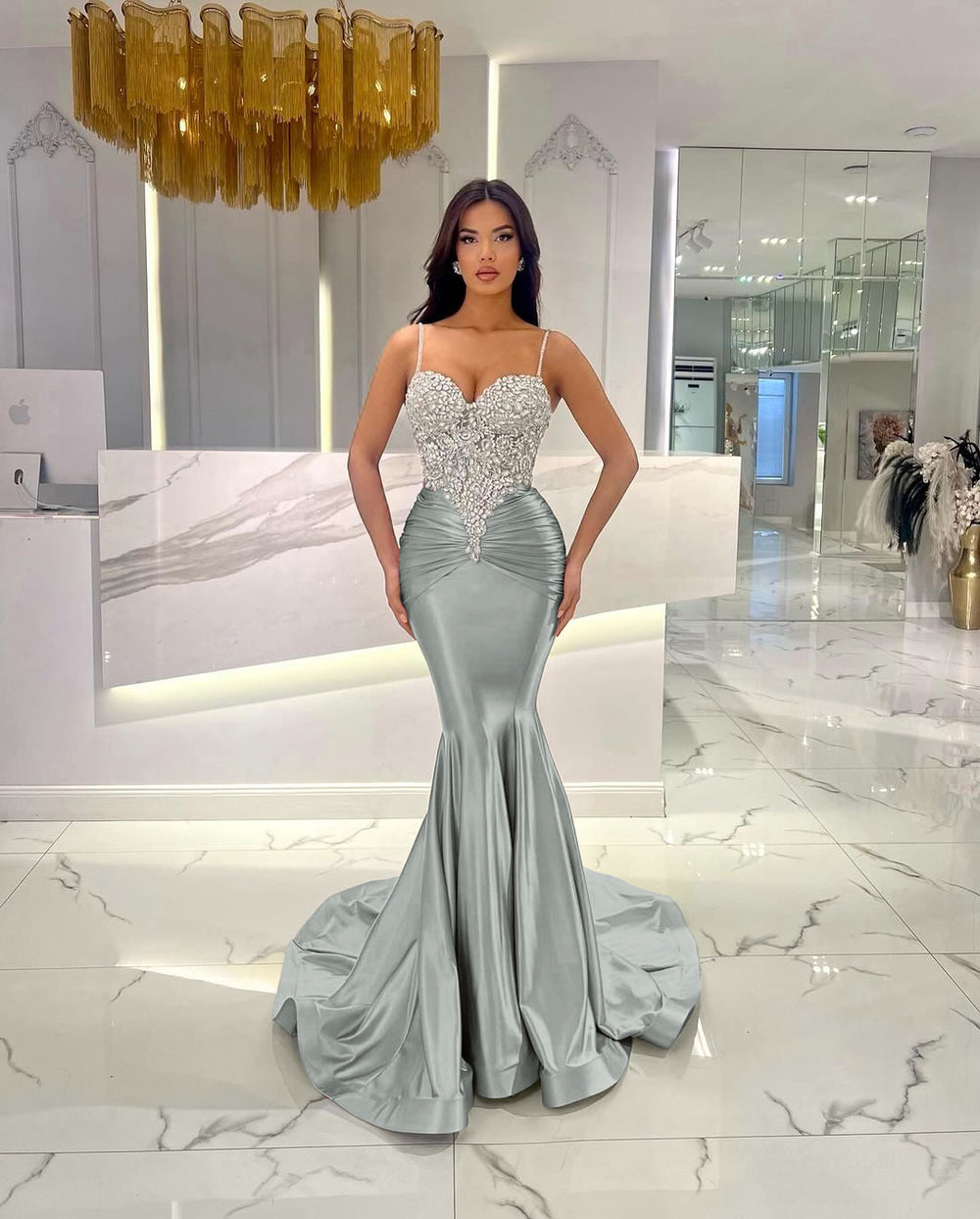 Baby Blue Mermaid Prom Dress Long Sweatheart Sleeveless with Beads