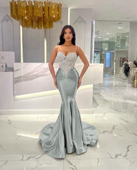 Baby Blue Mermaid Prom Dress Long Sweatheart Sleeveless with Beads