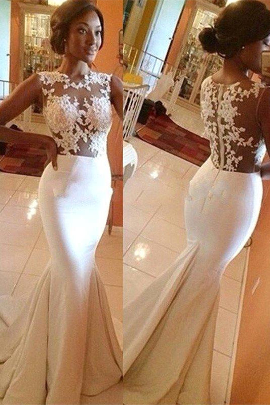 Chic White Sleeveless Mermaid Prom Dress With Appliques