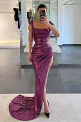 Amazing Grape Cap Sleeves Mermaid Prom Dress Square Sequins With Slit