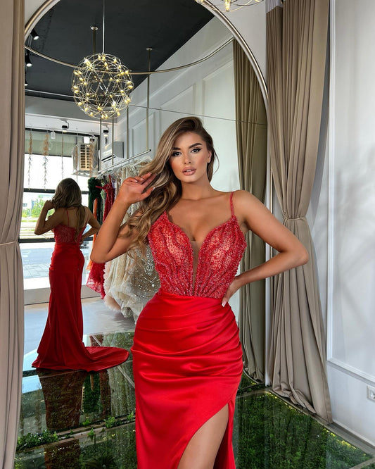 Red Prom Dress Spaghetti Strap With High Slit