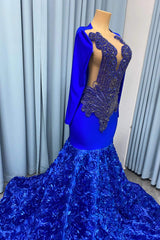 Stunning Royal Blue Long Sleeves Prom Dress Mermaid Beadings With Flowers Bottom