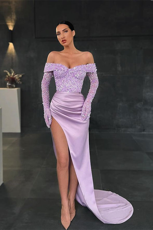 Gorgeous Long Sleeves Off-the-Shoulder Sequins Prom Dress Mermaid With Slit