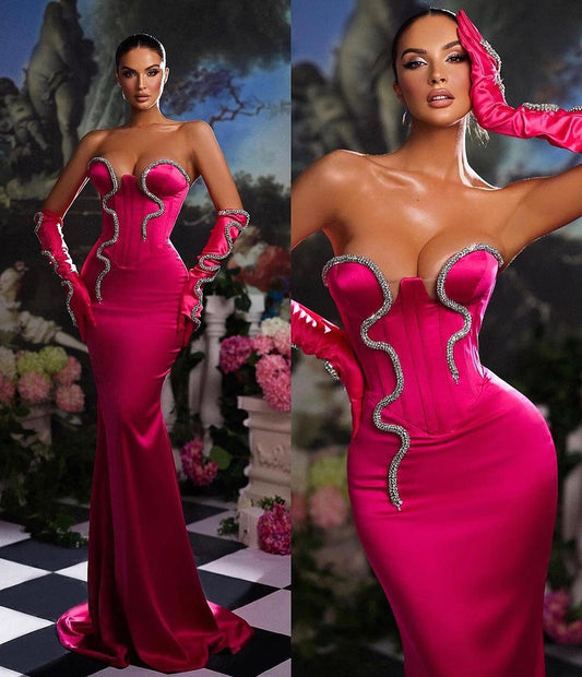 Pink Strapless Mermaid Beaded Prom Dress Long with Gloves