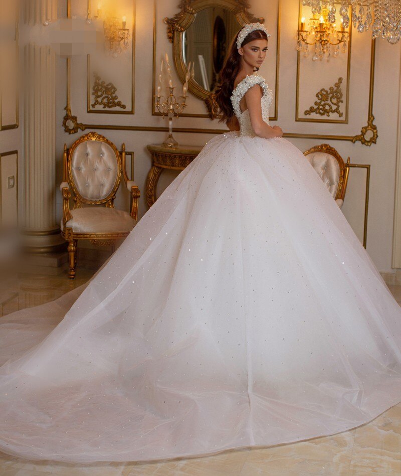 Elegant Off-the-Shoulder Princess Wedding Dress with Beaded Pearl Tulle