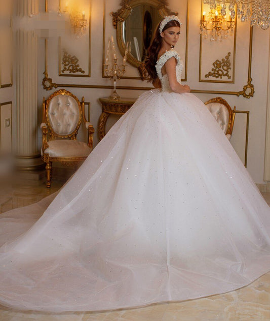 Elegant Off-the-Shoulder Princess Wedding Dress with Beaded Pearl Tulle