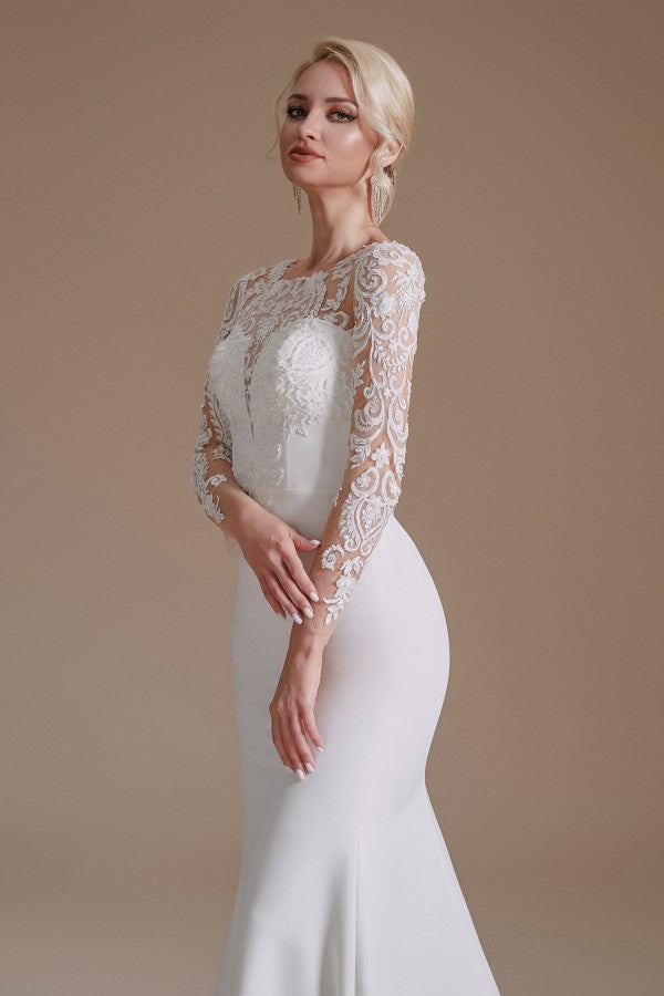 Elegant Long Mermaid Jewel Wedding Dress in Satin Lace With Sleeves