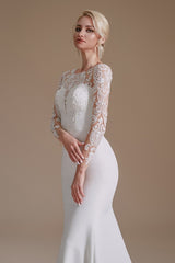 Elegant Long Mermaid Jewel Wedding Dress in Satin Lace With Sleeves