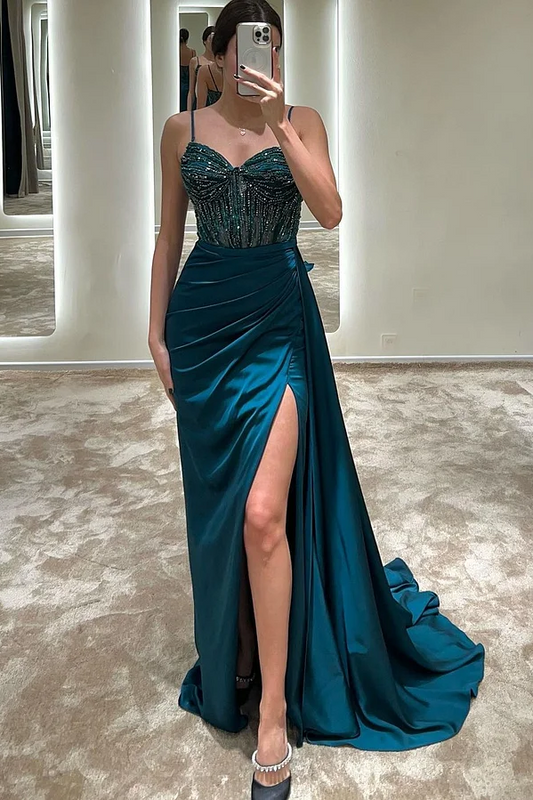 Sweetheart Sleeveless Spaghetti Strap Beads Mermaid Prom Dress