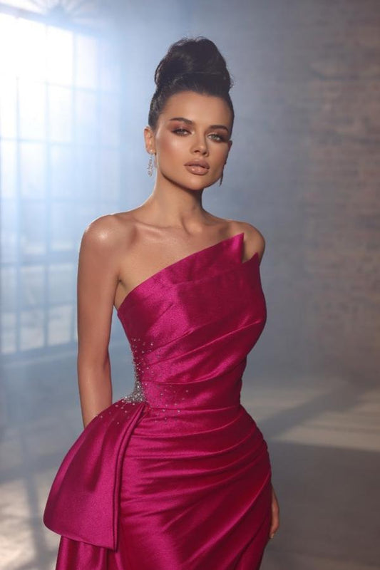 Modern Fuchsia Strapless Prom Dresses Mermaid Sleeveless Pleats WIth Ruffles