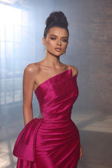 Modern Fuchsia Strapless Prom Dresses Mermaid Sleeveless Pleats WIth Ruffles