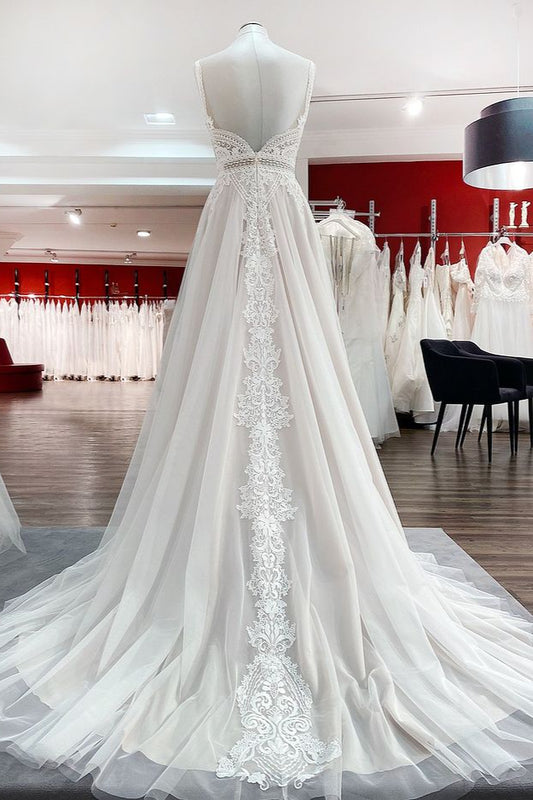 Elegant Long A-line Wedding Dresses Featuring Ruffles, Tulle Lace, and Open Back