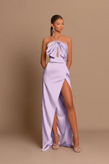 Chic Pink Evening Dress Sleeveless Strapless with Side Slit Pleated