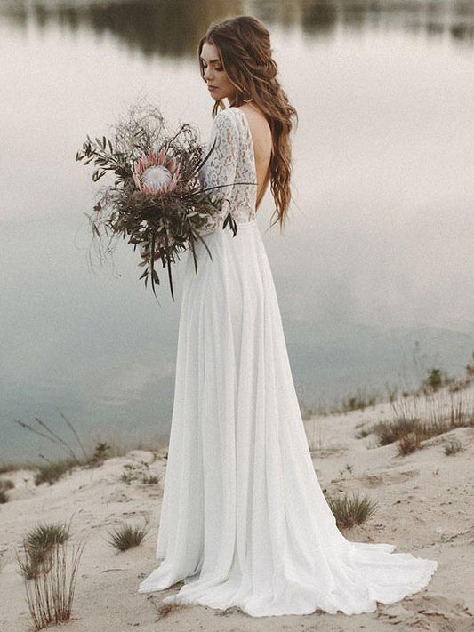 Boho Lace Wedding Dress with Long Sleeves
