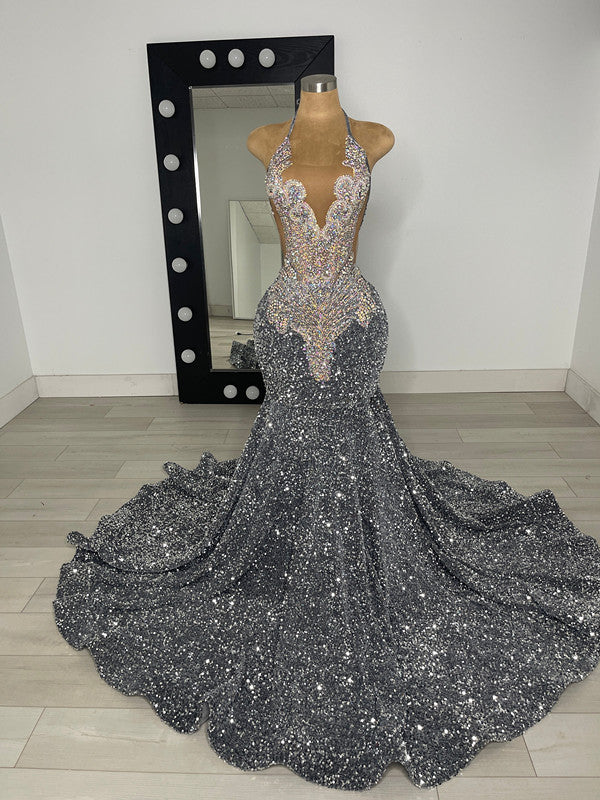 Modern Silver Grey Halter Mermaid Prom Dress Sequins Sleeveless With Beadings