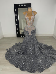 Modern Silver Grey Halter Mermaid Prom Dress Sequins Sleeveless With Beadings