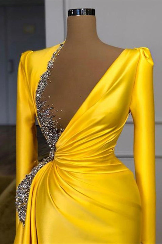 Yellow Long Sleeves Sequins Beads Prom Dress With Ruffle