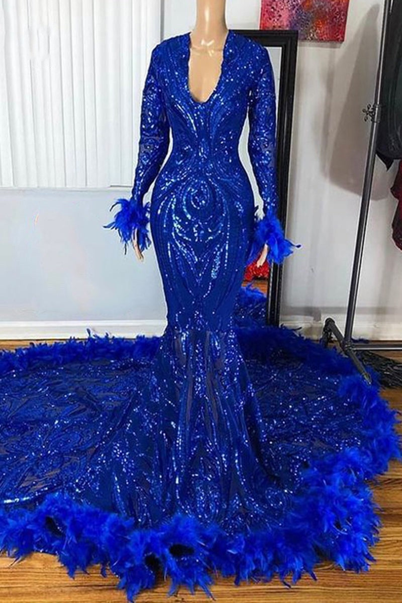 Classy Royal Blue Long Sleeves Prom Dress Mermaid Sequins With Feather