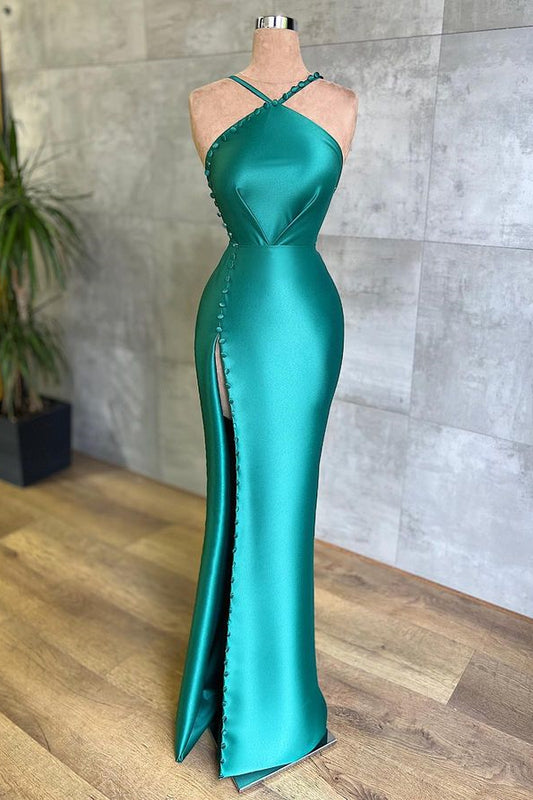 Amazing Jade Halter Sleeveless Prom Dress Mermaid With Slit Buttons