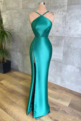 Amazing Jade Halter Sleeveless Prom Dress Mermaid With Slit Buttons