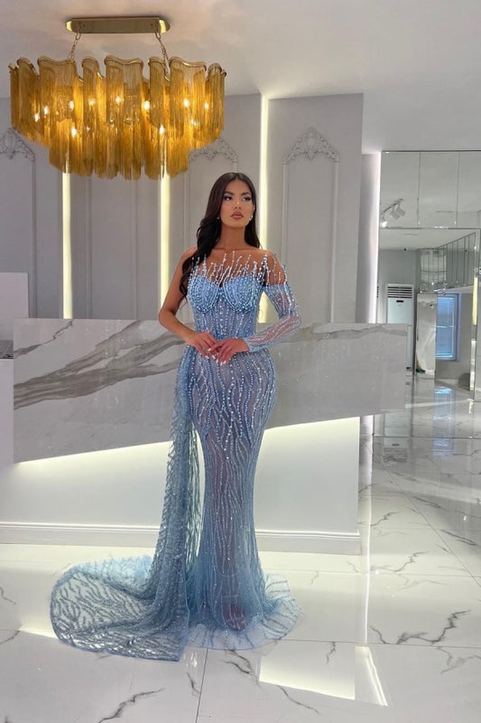 Baby Blue Mermaid Prom Dress Strapless Beaded