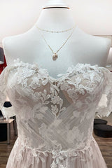 Stunning Off-the-shoulder A-line Wedding Dress with Long Tulle Ruffles and Appliques Lace