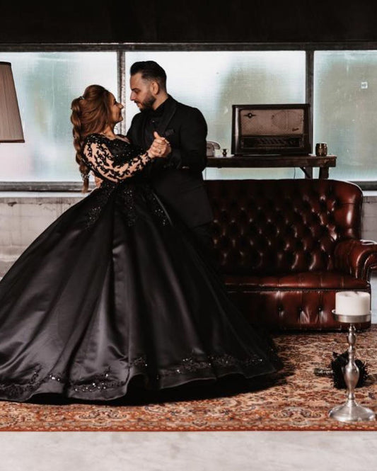 Long Sleeve Black Satin Ball Gown Wedding Dress in Elegant Style