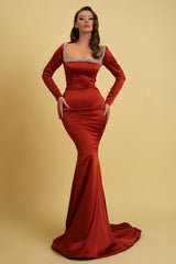 Burgundy Prom Dress Charmeuse Long Sleeves Mermaid With Beadings