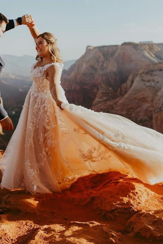 Elegant V-Neck A-Line Wedding Gown with Lace Appliques and Tulle Train