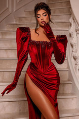 Charming Burgudy Square Mermaid Prom Dress Long Sleeves With Slit Beads