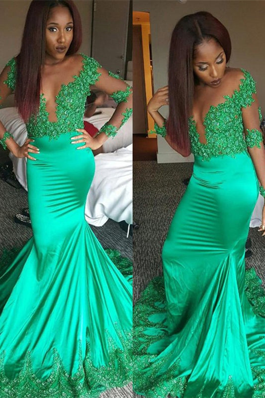 Modern Emerald Green Long Sleeves Mermaid Prom Dress With Lace Appliques