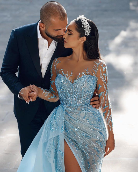 Glorious Long Sleeves Sky Blue Prom Dress Mermaid Slit With Sequins Appliques