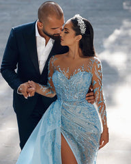 Glorious Long Sleeves Sky Blue Prom Dress Mermaid Slit With Sequins Appliques
