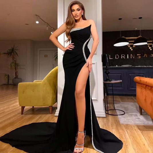 Amazing Strapless Black Prom Dress Mermaid Slit WIth Silver Decor