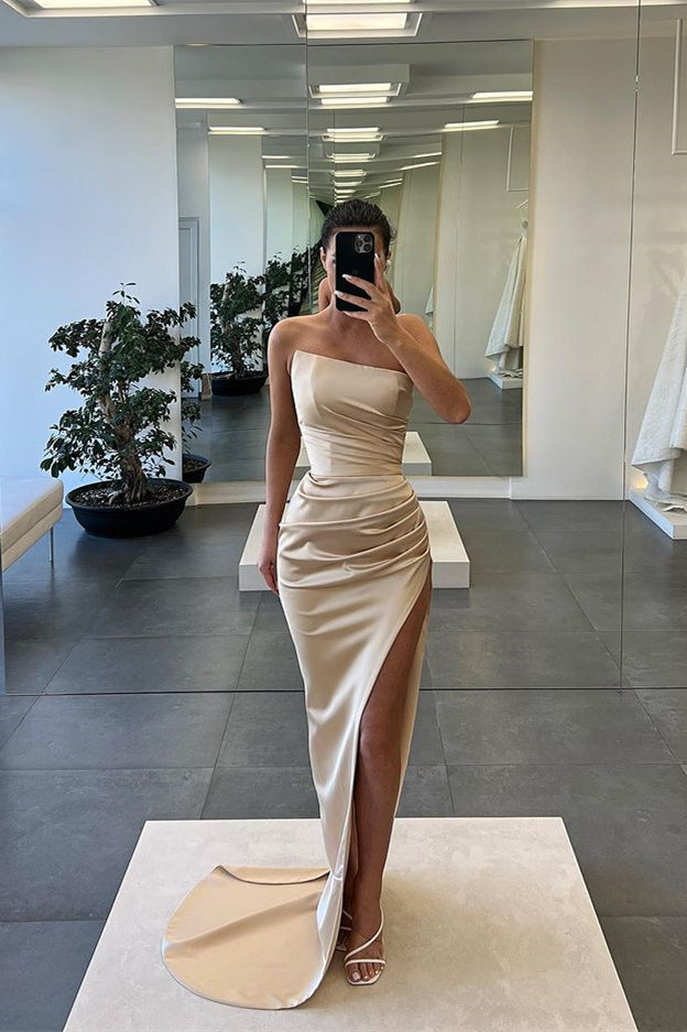 Charming Strapless Sleeveless Mermaid Prom Dress Long Split Pleated